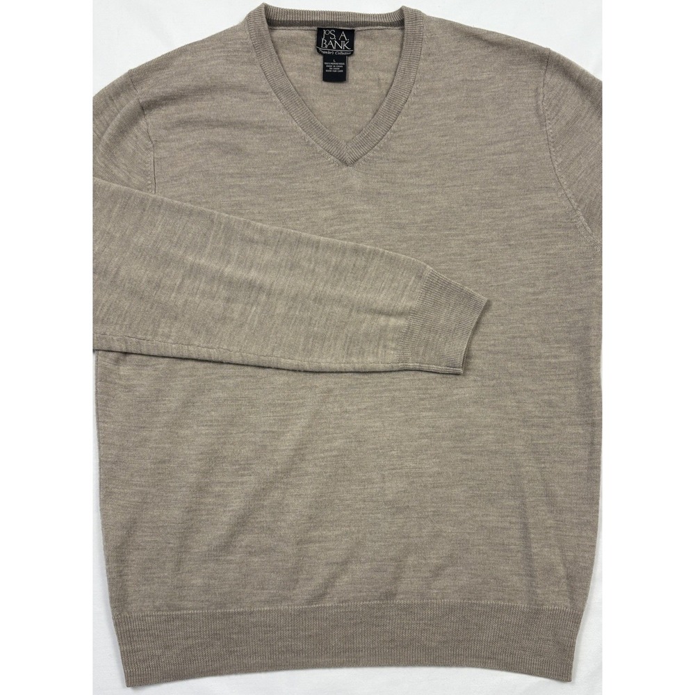 *Lot of 2 - Jos A Bank 100% Merino Wool V-Neck Sweater Charcoal/Beige  L  Preppy